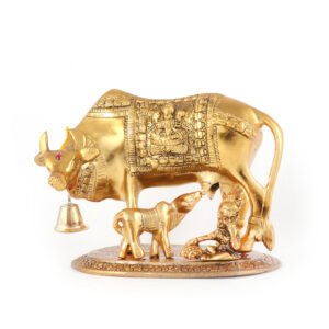 Brass Like Metal Kamdhenuu Cow and Calf with Gopal Showpiece for Home Decor and Decorative Gift Item Big @ 21Cm Gold